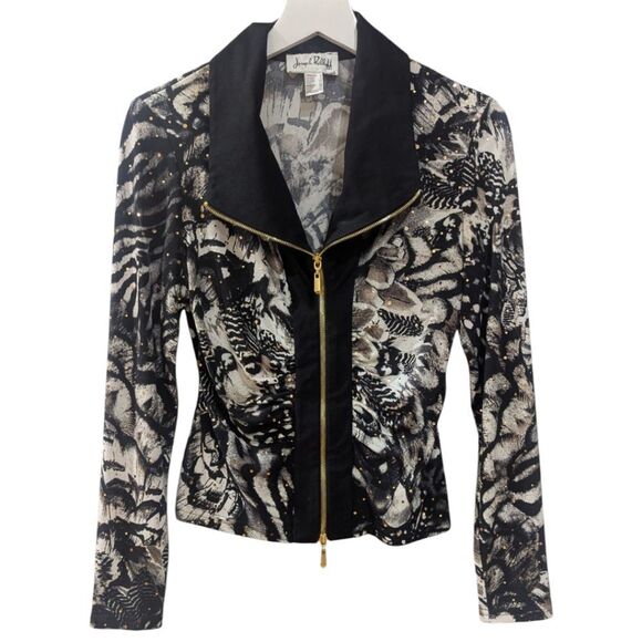 Joseph Ribkoff Y2K Ruched Sparkle Gold Tone Zipper Jacket Women's 6 Black/White - Picture 1 of 5